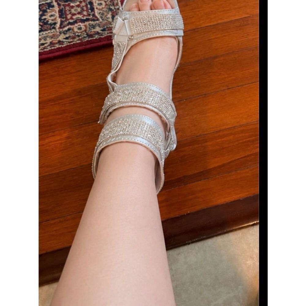 Hot tomato Fabric Rhinestones Silver Mid Calf platform heels Sandals SZ13W